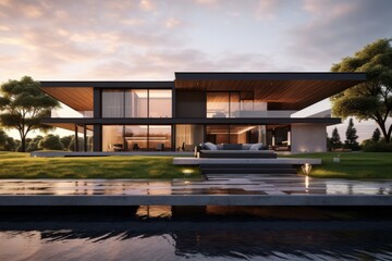 Obraz premium modern minimal house with swimming pool in the countrysid