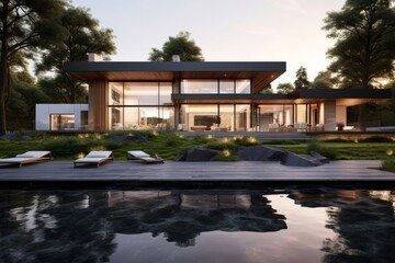 modern minimal house with swimming pool in the countrysid