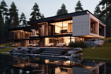 Obraz premium modern minimal house with swimming pool in the countrysid