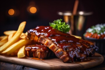 american style pork ribs with bbq sauce and french fries 
