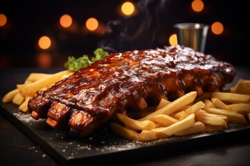 american style pork ribs with bbq sauce and french fries  - obrazy, fototapety, plakaty