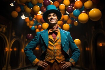 Vibrant juggler act at circus bathed in lively cyan yellow and violet 