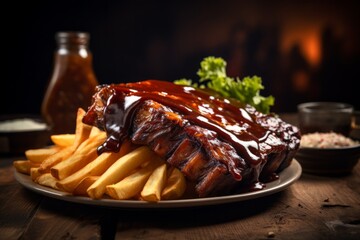 american style pork ribs with bbq sauce and french fries 
