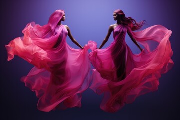 Aerial silk performers in fuschia and indigo isolated on a gradient background  - obrazy, fototapety, plakaty
