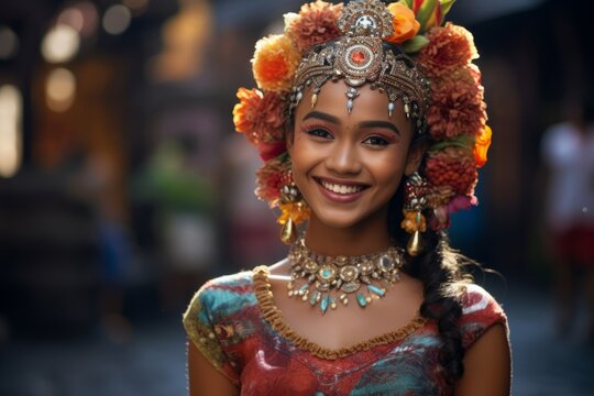 portrait of a balinese dancer woman wearing indonesian traditional clothes smiling to camera