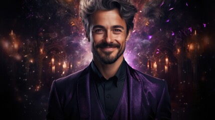 Enchanting magician in mystical purple attire isolated on a sparkling silver gradient background 