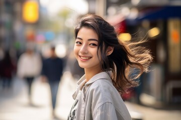 young asian woman with her hair waving on the streets looking to camera with a smile