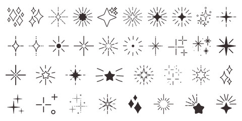 Twinkling Stars Black Icons Set. Isolated Celestial Symbols That Shimmer With A Touch Of Magic, Monochrome Effects