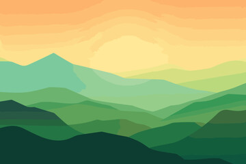 A level terrain featuring verdant mountain peaks and a sunrise-colored sky. tranquil getaway & outdoor banner. Conceptual texture of recreation and meditation. Vector artwork of a serene background.