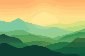 Fotobehang A level terrain featuring verdant mountain peaks and a sunrise-colored sky. tranquil getaway & outdoor banner. Conceptual texture of recreation and meditation. Vector artwork of a serene background. © Valentin