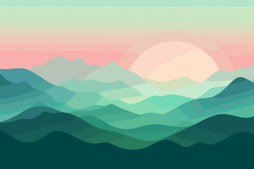 Fototapeta na wymiar Flat landscape with green mountain peaks and sunrise gradient sky. Peaceful holidays and outdoor activities banner. Relaxation and meditation texture concept. Serenity vector image background.