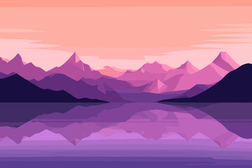 Mountain Peaks with purple sky and reflection, concept of vacation, outdoor, recreation, meditation, serenity. Flat landscape vector illustration background.