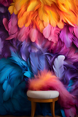 feathers interior style and a chair,minimal composition,orange,blue,pink,yellow and violet colors,feathers background