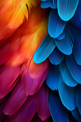 Fototapeta premium blue and yellow macaw feathers background,orange and pink colors,minimal composition,summer concept