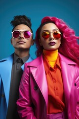 Non-binary and transgender leaders commanding teams in bold blue and electric pink hues 