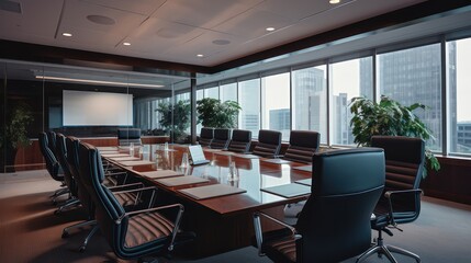 Fototapeta na wymiar Meeting room with tables and chairs and large glass windows with views of the city skyscrapers.