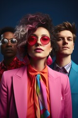 Non-binary and transgender leaders commanding teams in bold blue and electric pink hues 