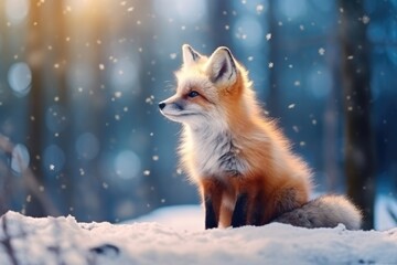 Beautiful red fox stand in wild in Winter with snow.