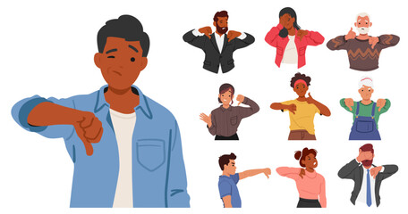 Set of Characters Display Dislike Through Scowl, Eye Rolls, Thumbs-down Gestures. Disapproval Or Displeasure