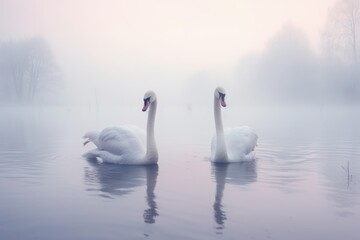 Two swan in lake in winter with snow.