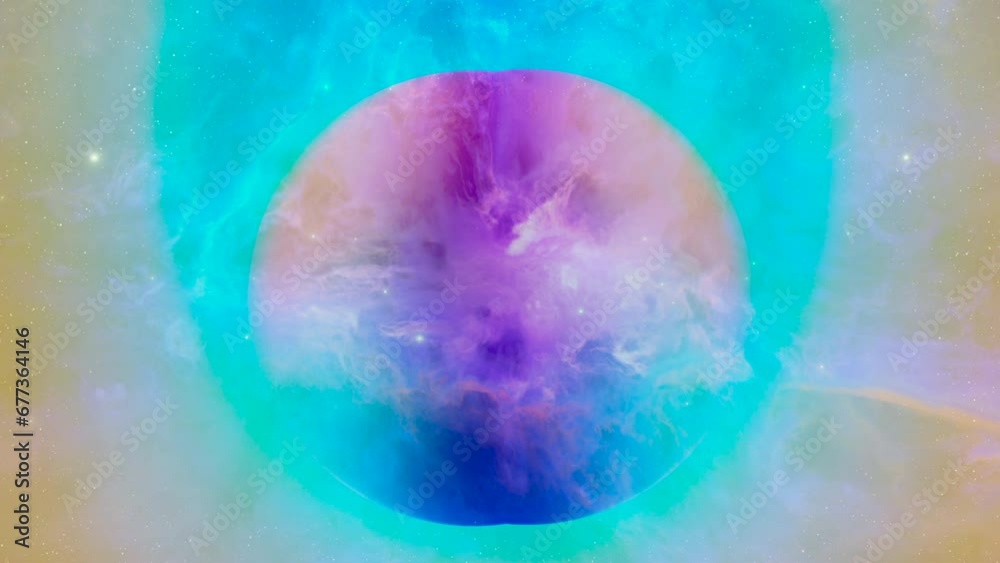 Wall mural looping animation of flying through glowing nebulae clouds and stars field. seamless loop galaxy exp