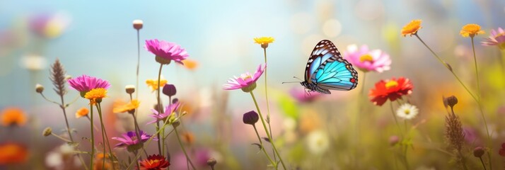 Fototapeta na wymiar Panoramic view of butterfly in booming wild flower field in Spring.