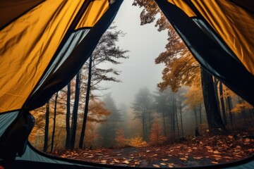 First person view from a tent in Autumn woods with beautiful Fall foliage colors. Autumn seasonal concept.