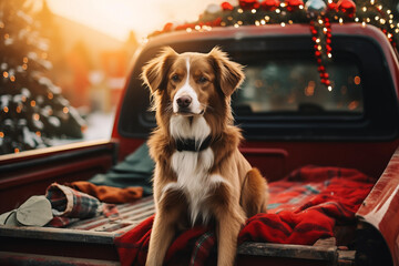 portrait of a cute dog sitting in trunk decorated to Christmas holidays. winter season background