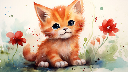 Cute red kitten sitting on a background of flowers. Watercolor painting.