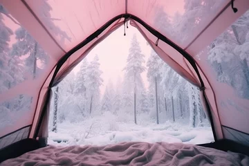  First person view from tent camping in snow covered wild field. Winter seasonal concept. © rabbit75_fot