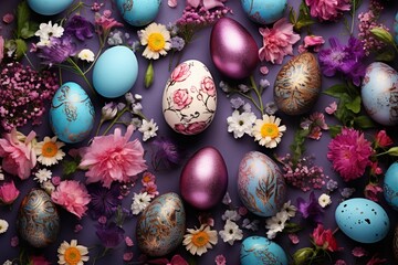 Fototapeta na wymiar Vibrant Easter Blooms and Egg basckground.