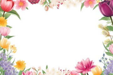 Obraz na płótnie Canvas Stunning, colorful flower border with ample white space, a perfect template for cards, wedding invites, and diverse graphic designs.