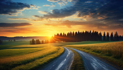 Dirt country road in the middle of a hilly fields with sparse trees and bushes.