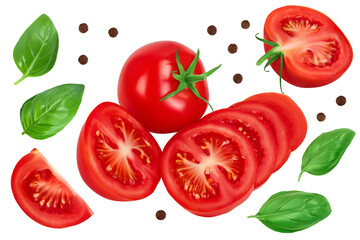 Tomato with slices isolated on white background with clipping path and full depth of field.