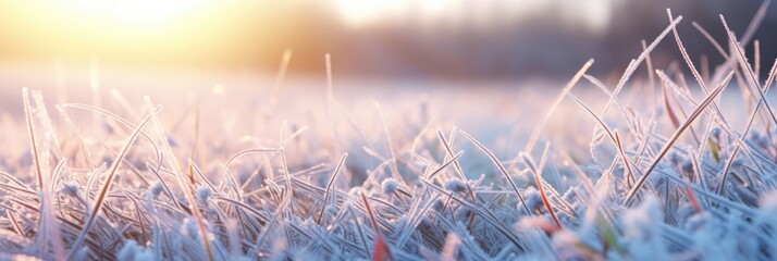Close-up panoramic view of ice and snow on grass at sunrise in Winter. Winter seasonal concept.