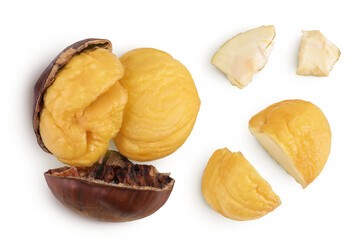 roasted peeled chestnut isolated on white background wit full depth of field. Top view. Flat lay