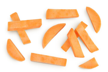 Sweet potato slices isolated on white background. Top view. Flat lay