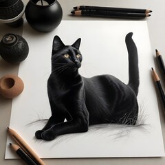 black cat on white solid background beautiful drawing