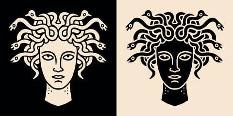 Medusa head minimalist portrait logo. Black and beige greek goddess stylized drawing. Dark academia aesthetic illustration. Greek mythology lover vector printable design. - obrazy, fototapety, plakaty