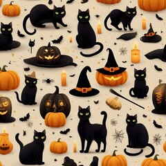 Black cat Halloween banner with tradition symbols illustration