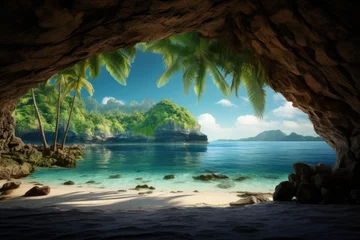 Gordijnen An island with palm trees and sand beach viewed from a cave. © rabbit75_fot