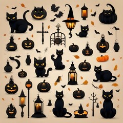 Black cat Halloween banner with tradition symbols illustration