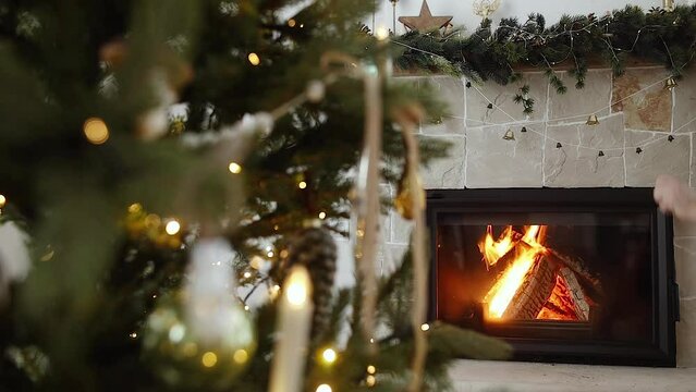 Burning fireplace in christmas living room in modern farmhouse. Man throwing firewood into fireplace on background of stylish decorated christmas tree. Atmospheric holiday footage