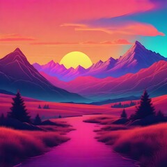 Trendy neon Landscape with mountains synth wave background with sunset sky