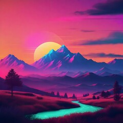 Trendy neon Landscape with mountains synth wave background with sunset sky
