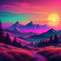 Trendy neon Landscape with mountains synth wave background with sunset sky