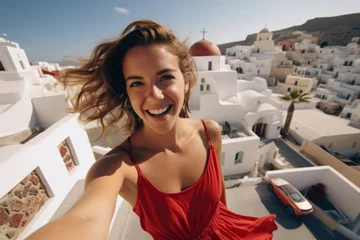 Poster A young girl in red taking selfie during her trip in Santorini with happy face. Vacation travel concept. © rabbit75_fot