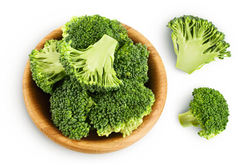 fresh broccoli in wooden bowl isolated on white background close-up with full depth of field. Top...