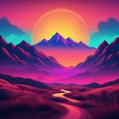 Trendy neon Landscape with mountains synth wave background with sunset sky