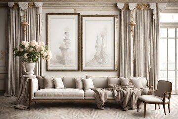 A Canvas Frame for a mockup harmonizing with the sophisticated aura of an old styled drawing room adorned with draped curtains and porcelain vases